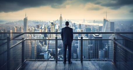 Fototapeta na wymiar a businessman standing on the railing with a city background