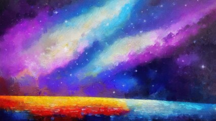 Night sky with stars and clouds over the sea. Digital painting. adapted for print on canvas, paper, textile. Real textured brush strokes 3d effect after printing