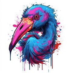 Colorful Flamingo Head in Dark Bronze and Azure Neonpunk Style Lith Print. Perfect for Posters and Invitations. Generative AI