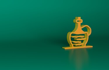 Orange Wine in italian fiasco bottle icon isolated on green background. Wine bottle in a rattan stand. Minimalism concept. 3D render illustration