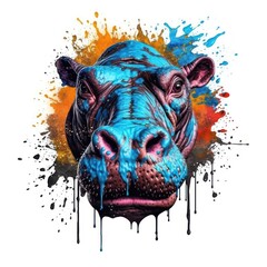 Colorful Hippopotamus Head in Dark Bronze and Azure Neonpunk Style for Posters and Web. Generative AI
