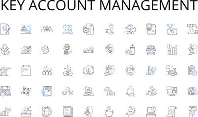 Key account management line icons collection. Trust, Communication, Loyalty, Satisfaction, Rapport, Engagement, Appreciation vector and linear illustration. Understanding,Reliability,Respect outline