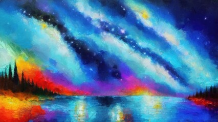 Abstract painting of the night sky with stars and clouds, digital illustration, adapted for print on canvas, paper, textile. Real textured brush strokes 3d effect after printing