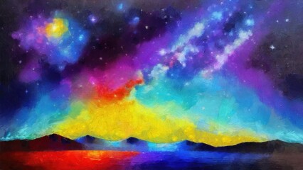 Abstract painting of the night sky with stars and clouds, digital illustration, adapted for print on canvas, paper, textile. Real textured brush strokes 3d effect after printing