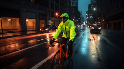 Cyclist Speeding Down the busy city Road at night, neon lights, generative AI