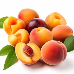 Naklejka na ściany i meble Delicious fresh yellow ripe apricots isolated on white background close-up, lovely food background for package design, ai generative
