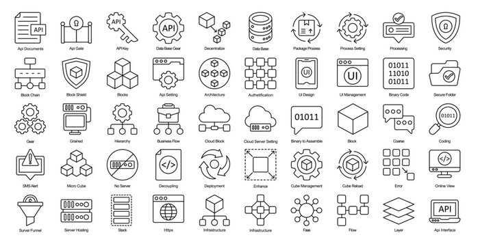 Microservices Thin Line Iconset Web Technology Job Outline Icon Bundle in Black