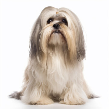 Cute fluffy dog breed Lhasa Apso, isolated on white close-up, lovely pet, very long hair, ai generative