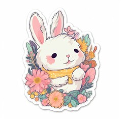 A cute sticker of a fluffy white bunny with a pink bow, holding a carrot in its mouth, surrounded by colorful flowers, Generative AI