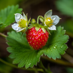 Appetizing red wild strawberry and white flower with dew drops, closeup, beautiful summer background, ai generative