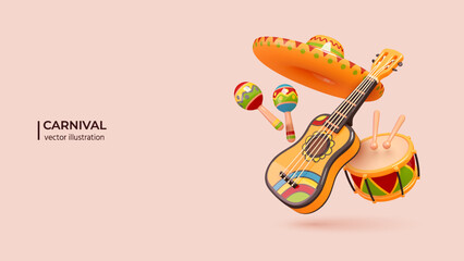 3d Illustrated cartoon set of mexican party accessories. Realistic 3d design of Guitar, Maracas, Sombrero and Drum in cartoon minimal style. Vector illustration - 599908265