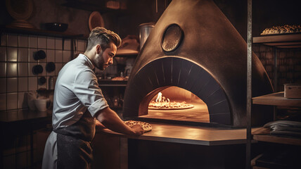 Experienced Chef Baking Delicious Italian Pizza in Wood-Fired Oven. Traditional Pizza Preparation in Kitchen by Skilled Chef. Man Cooking Pizza in Restaurant Stone Oven. Generative AI