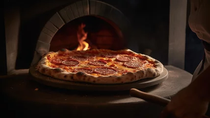 Foto op Plexiglas Pepperoni Pizza with Wood Fired Oven background, Traditional Neapolitan Style Italian Pizza, Freshly Baked Pizza in Pizzeria Kitchen, Hot and Tasty meal. Generative AI © Syntetic Dreams