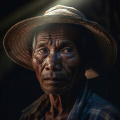 Face shot of Indonesian farmer illuminated by light in the background Generative AI