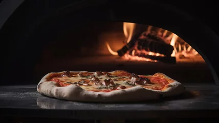 Foto op Plexiglas Pizza with Wood Fired Oven background, Traditional Neapolitan Style Italian Pizza, Freshly Baked Pizza in Pizzeria Kitchen, Hot and Tasty meal. Generative AI © Syntetic Dreams