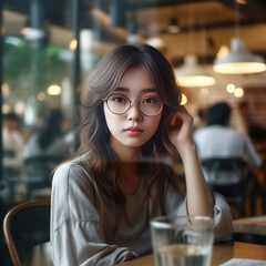 Beautiful Korean girl with glasses sitting inside the cafe Generative AI 