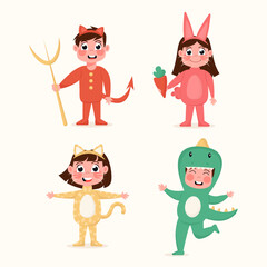 Happy children in dinosaur, hare, tiger, devil costume in flat style