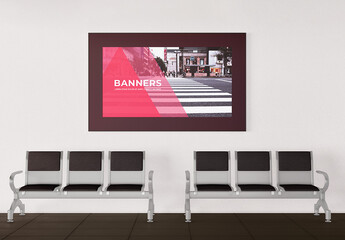 Subway Chairs with Wall and Advertisement Banner Mockup