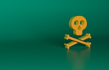 Orange Bones and skull as a sign of toxicity warning icon isolated on green background. Minimalism concept. 3D render illustration - obrazy, fototapety, plakaty