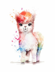 Fototapeta na wymiar Watercolor Cute Alpaca Cartoon Nursery Illustration Isolated on White Background. Colorful Digital Animal Art for Kids