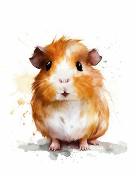 Watercolor Cute Guinea Pig Cartoon Nursery Illustration Isolated on White Background. Colorful Digital Animal Art for Kids