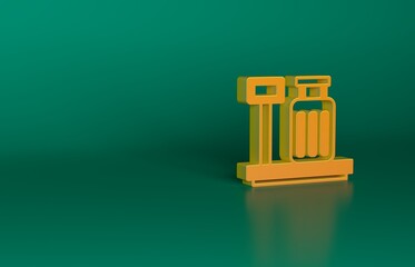 Orange Scale with suitcase icon isolated on green background. Logistic and delivery. Weight of delivery package on a scale. Minimalism concept. 3D render illustration