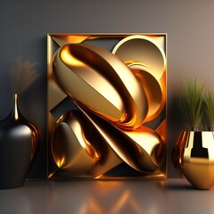 Golden abstract art geometric figures. Generated AI.