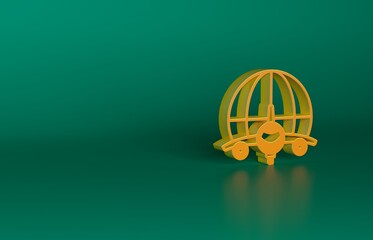 Orange Globe with flying plane icon isolated on green background. Airplane fly around the planet earth. Aircraft world icon. Minimalism concept. 3D render illustration