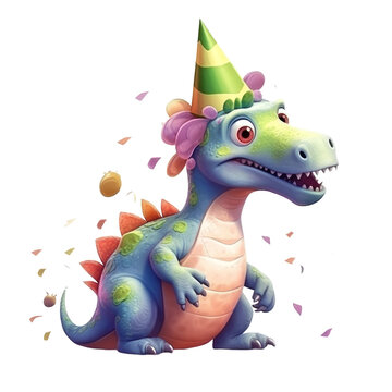 Cute Dino birthday. Transparent isolated background. AI generated