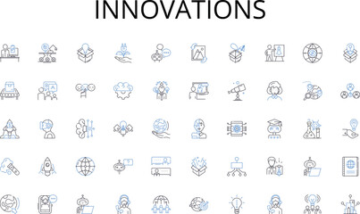 Innovations line icons collection. Research, Demographics, Trends, Consumer, Competition, Metrics, Strategy vector and linear illustration. Forecasting,Sales,Product outline signs set