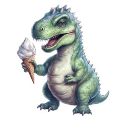 Cute Dino eating ice cream. Transparent isolated background. AI generated