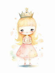 Watercolor Cute Princess Cartoon Nursery Illustration Isolated on White Background. Colorful Digital Animal Art for Kids