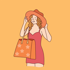 line art happy young woman in swimsuit and hat holding packaging bags after shopping relax travel concept summer hand drawn illustration vector