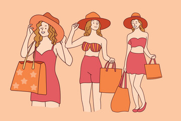 line art happy young woman in swimsuit and hat holding packaging bags after shopping relax travel concept summer hand drawn illustration vector