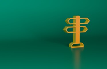 Orange Road traffic sign. Signpost icon isolated on green background. Pointer symbol. Isolated street information sign. Direction sign. Minimalism concept. 3D render illustration