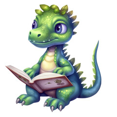 Cute Dino read book. Transparent isolated background. AI generated