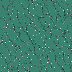 Plant with foliage painting - hand drawn seamless pattern on dark green background