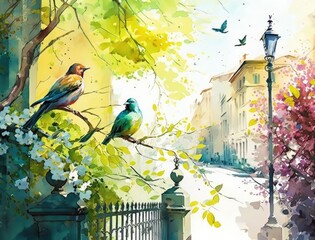 A sunny spring day in an ancient European city, a pair of birds on the street created with Generative AI