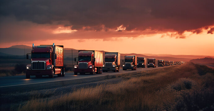 trucks traveling on a highway at sunset