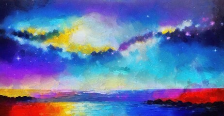 Landscape of the sea and mountains in the night sky. Digital painting