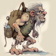 A drawing of a troll carrying a bag of supplies and equipment Generative Ai