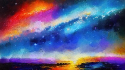 Landscape of the sea and mountains in the night sky. Digital painting