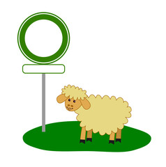 Young sheep in green meadow with green panel on white background - vector