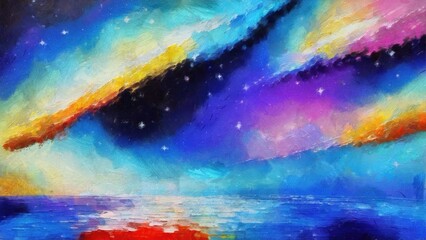Obraz na płótnie Canvas Beautiful night sky with stars and sea watercolor painting illustration. abstract colorful background with space for your text, watercolor painting