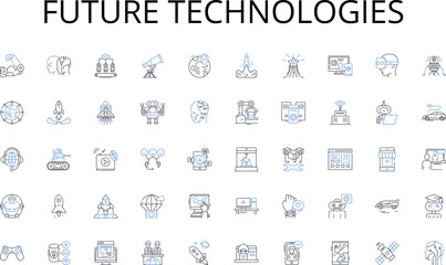 Future technologies line icons collection. Expedition, Trek, Voyage, Adventure, Travel, Passage, Pilgrimage vector and linear illustration. Progression,Odyssey,Migration outline signs set