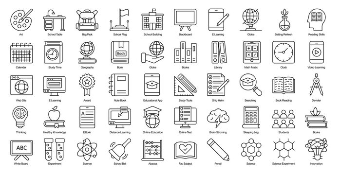 School Thin Line Iconset Education Graduation Learning Outline Icon Bundle in Black
