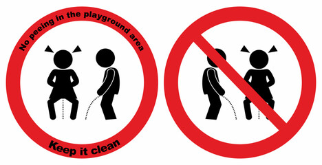 No peeing in the playground area, keep it clean, set two icon, red circle sings, vector symbol