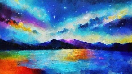 Fototapeta na wymiar Beautiful night sky with stars and sea watercolor painting illustration. abstract colorful background with space for your text, watercolor painting