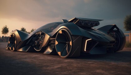 Fototapeta premium Car with futuristic design, sleek black bodywork with neon orange accents Generative AI