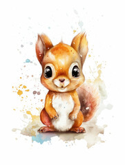 Watercolor Cute Squirrel Cartoon Nursery Illustration Isolated on White Background. Colorful Digital Animal Art for Kids